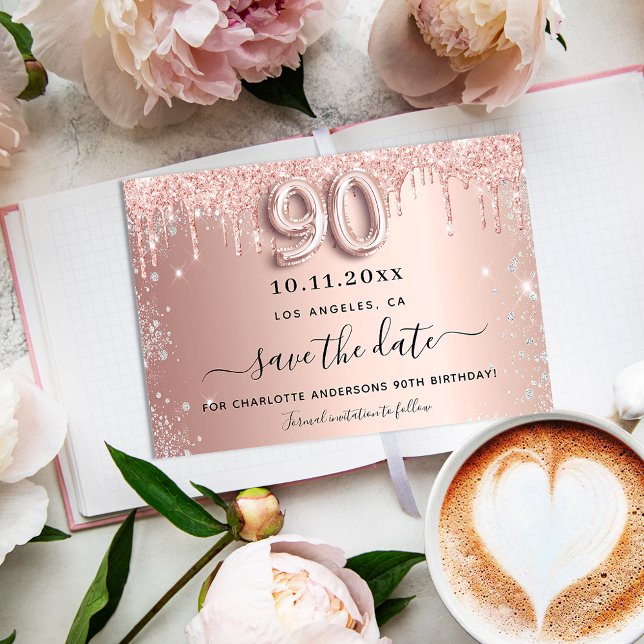 90th birthday rose gold silver drips save the date (Creator Uploaded)