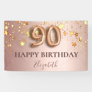 90th birthday rose gold stars pink balloon script banner