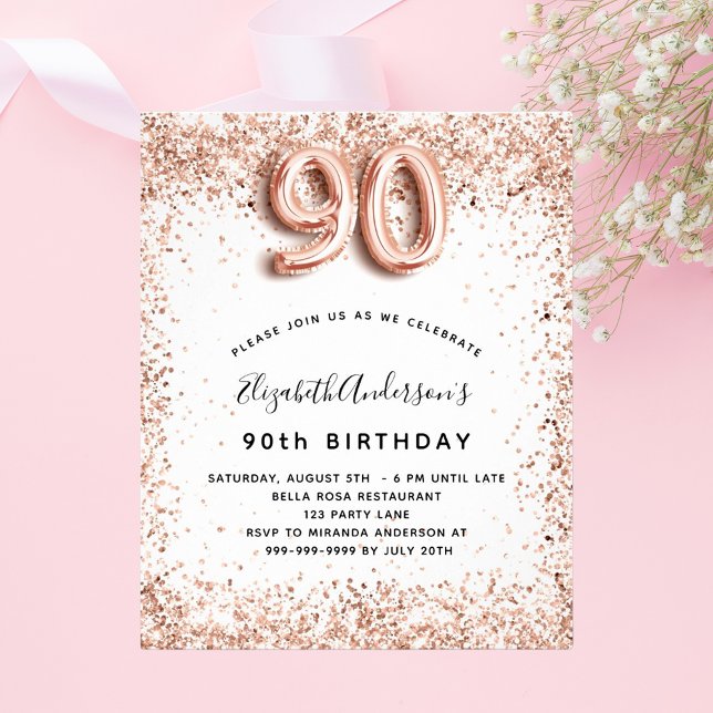 90th birthday rose gold white budget invitation flyer (Creator Uploaded)