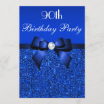 90th Birthday Royal Blue Sequins Bow and Diamond Invitation<br><div class="desc">Woman's 90th birthday party invitations personalized custom template. Elegant custom royal blue ninetieth / ninety / 90 years old Birthday Party celebration invitations for women with a pretty royal blue printed sequins pattern, cute royal blue bows and ribbons images and printed image bling jewels diamonds / rhinestones. These sophisticated, fashionable,...</div>