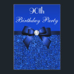 90th Birthday Royal Blue Sequins Bow and Diamond Invitation<br><div class="desc">Woman's 90th birthday party invitations personalized custom template. Elegant custom royal blue ninetieth / ninety / 90 years old Birthday Party celebration invitations for women with a pretty royal blue printed sequins pattern, cute royal blue bows and ribbons images and printed image bling jewels diamonds / rhinestones. These sophisticated, fashionable,...</div>