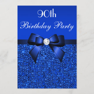 90th Birthday Royal Blue Sequins Bow and Diamond Invitation