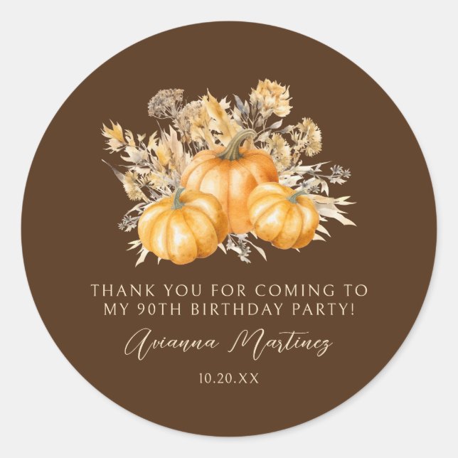 90th Birthday Rustic Pumpkin Fall Thank You Favour Classic Round Sticker (Front)
