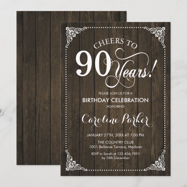 90th Birthday - Rustic Wood Invitation (Front/Back)