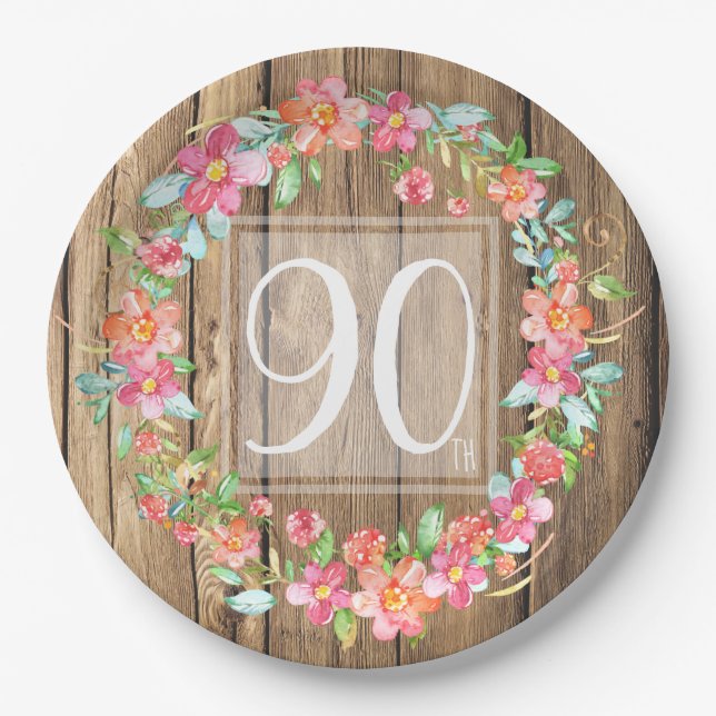 90th birthday rustic wood watercolor flowers paper plate (Front)
