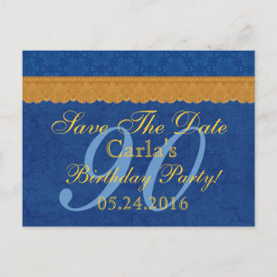 90th Birthday Save the Date Blue and Gold Lace Announcement Postcard