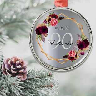 90th birthday silver geometric floral burgundy metal ornament