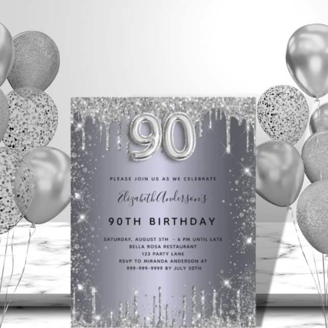 90th birthday silver glitter budget invitation flyer (Creator Uploaded)