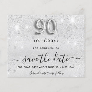 90th birthday silver glitter budget save the date flyer