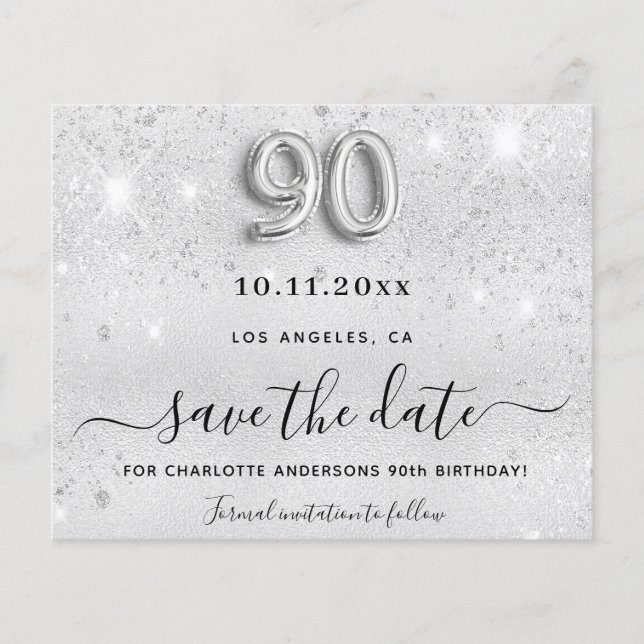 90th birthday silver glitter budget save the date flyer (Front)
