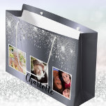 90th birthday silver glitter dust photo monogram large gift bag<br><div class="desc">A gift bag for a girly and glamourous 90th birthday.  A silver metallic looking  background with glitter dust. Personalize and add 3 photos and a name.  Number 90 is written with a balloon style font. Perfect as a party favour bag or as a gift  bag.</div>