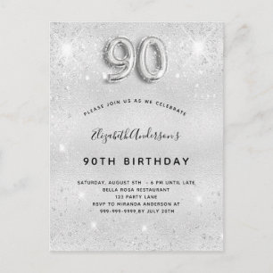 90th birthday silver metal glitter dust glam invitation postcard