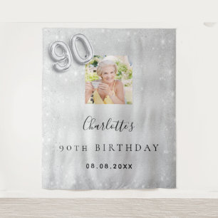 90th birthday silver photo glitter dust welcome tapestry
