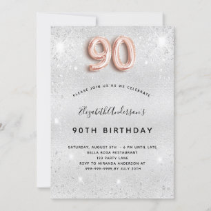 90th birthday silver rose gold glitter invitation