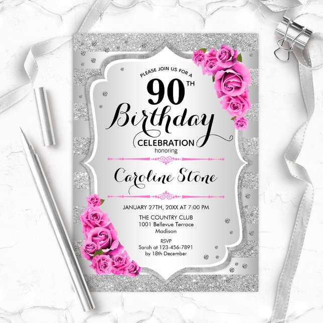 90th Birthday - Silver Stripes Pink Roses Invitation (Creator Uploaded)