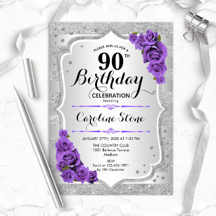 90th Birthday - Silver Stripes Purple Roses Invitation