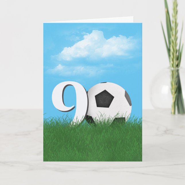 90th Birthday Soccer Ball In Green Grass Card (Front)