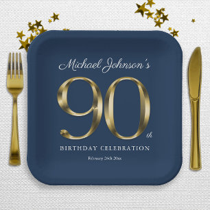 90th Birthday Solid Gold Text Elegant Navy Blue Paper Plate