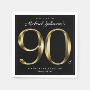 90th Birthday Solid Gold Typography Black Elegant  Napkin
