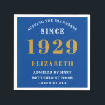 90th Birthday Standards Born 1929 Blue Gold Napkin<br><div class="desc">Easily customize the text of this birthday napkin using the template provided. Part of the setting standards range of cards and gifts..</div>
