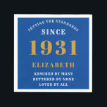 90th Birthday Standards Born 1931 Blue Gold Napkin<br><div class="desc">Easily customize the text of this birthday napkin using the template provided. Part of the setting standards range of cards and gifts..</div>