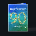 90th Birthday - Star Numbers - Blue Green - Age 90 Card<br><div class="desc">90th Birthday Card - Blue Green Textured Gradient Design, with 90 in White, Gold and Red Stars. 90 in Stars - Age Number - Ninetieth Birthday Card - Blue Green Gradient Texture Background - Customizable Text. Blue Green card with stars number design - the number "90" created with yellow, red...</div>