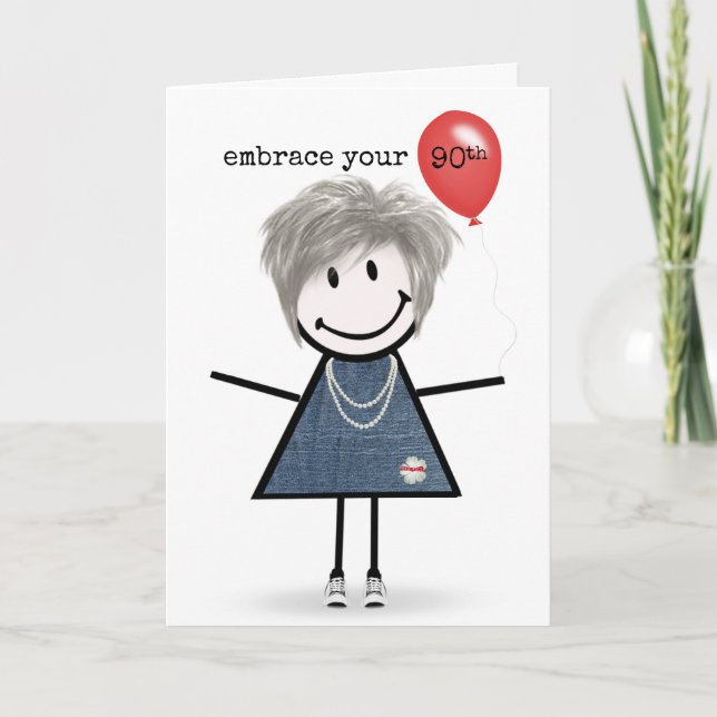 90th Birthday Stick Figure Girl with Red Balloon9 Card (Front)