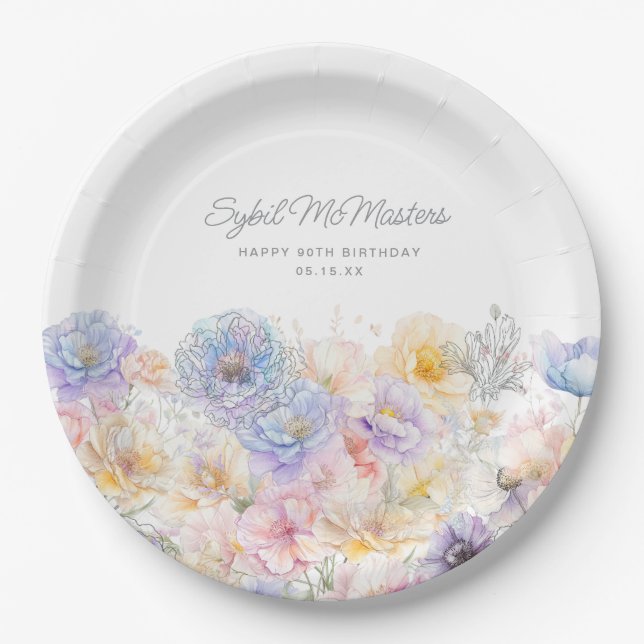 90th Birthday Summer Watercolor Floral Custom Paper Plate (Front)