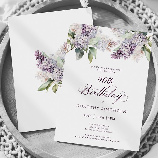 90th Birthday Surprise Party Purple Lilac Flower Invitation (Creator Uploaded)