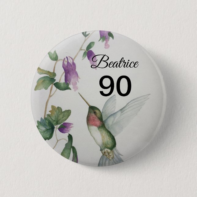 90th Birthday Sweet Bird Garden Flowers Button (Front)