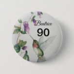 90th Birthday Sweet Bird Garden Flowers Button<br><div class="desc">Celebrate a wonderful 90th birthday for a special woman with a sweet hummingbird button. Created from my watercolor painting,  the pretty garden has pastel colors of cream,  pink and green. Perfect for a woman who loves birds and flowers!</div>