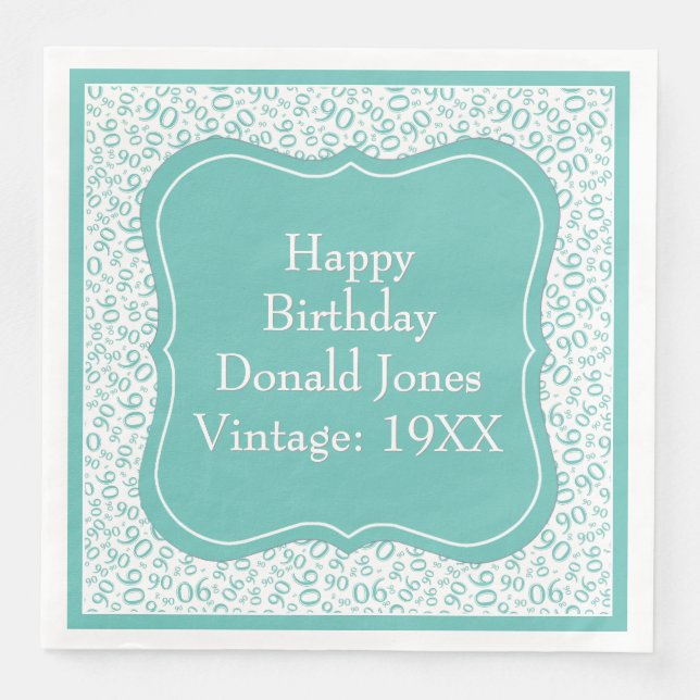 90th Birthday Teal/White Bracket Number Pattern Napkin (Front)
