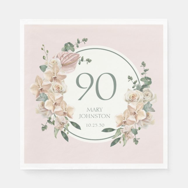 90th Birthday Tropical Floral Napkin (Front)