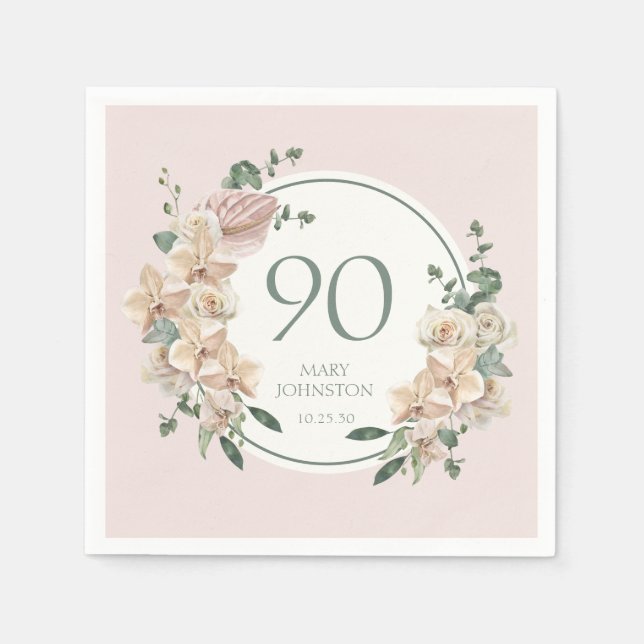 90th Birthday Tropical Floral Napkin (Front)