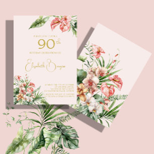 90TH Birthday Tropical Watercolor Pink Elegant  Invitation