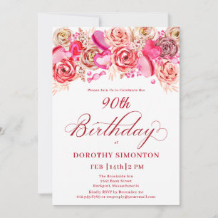 90th Birthday Valentine Pink Rose Swirly Heart Invitation