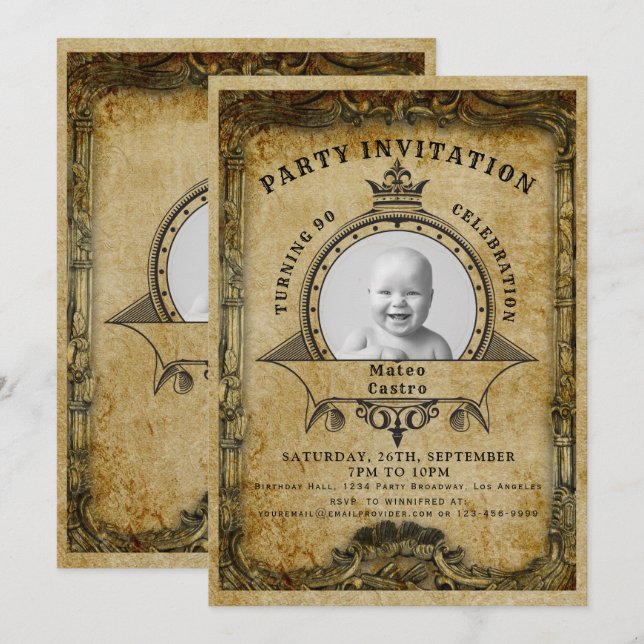 90th Birthday Vintage Retro Photo Surprise Party Invitation (Front/Back)