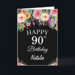 90th Birthday Watercolor Floral Flowers Black Card<br><div class="desc">90th Birthday Watercolor Floral Flowers Black Card with personalized name and age. For further customization,  please click the "Customize it" button and use our design tool to modify this template.</div>