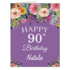 90th Birthday Watercolor Floral Flowers Purple