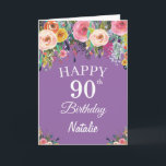 90th Birthday Watercolor Floral Flowers Purple Card<br><div class="desc">90th Birthday Watercolor Floral Flowers Purple Card with personalized name and age. For further customization,  please click the "Customize it" button and use our design tool to modify this template.</div>