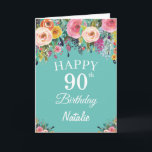90th Birthday Watercolor Floral Flowers Teal Card<br><div class="desc">90th Birthday Watercolor Floral Flowers Teal Card with personalized name and age. For further customization,  please click the "Customize it" button and use our design tool to modify this template.</div>