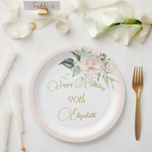 90th Birthday Watercolor Pink Floral Elegant  Paper Plate