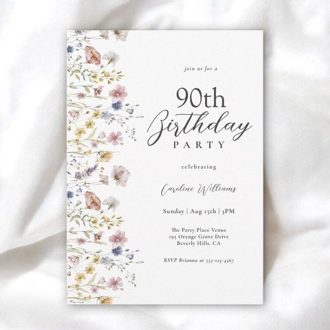 90th Birthday Watercolor Wildflowers Floral  Invitation (Available in both printed and instant download digital formats.)
