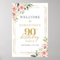 90th birthday welcome sign blush and gold glitter