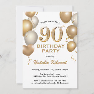 90th Birthday White and Gold Glitter Balloons Invitation