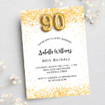 90th birthday white gold glitter elegant invitation postcard<br><div class="desc">For an elegant 90th birthday party.  A chic white background. Decorated with faux gold glitter,  sparkles.  Personalize and add a name,  age and party details. The name is written with a hand lettered style script. Number 90 with balloon style font.</div>