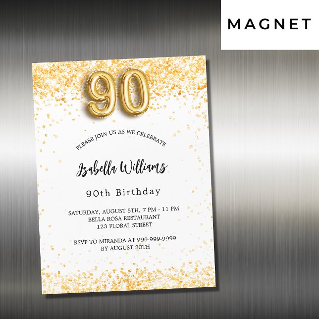 90th birthday white gold glitter luxury magnetic invitation (Creator Uploaded)