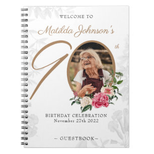 90th Birthday White Gold Guestbook Floral Photo  Notebook