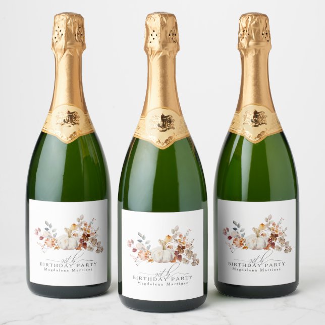 90th Birthday White Pumpkin Fall Flowers Custom Sparkling Wine Label (Bottles)