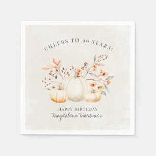 90th Birthday White Pumpkin Fall Leaves Custom Napkin